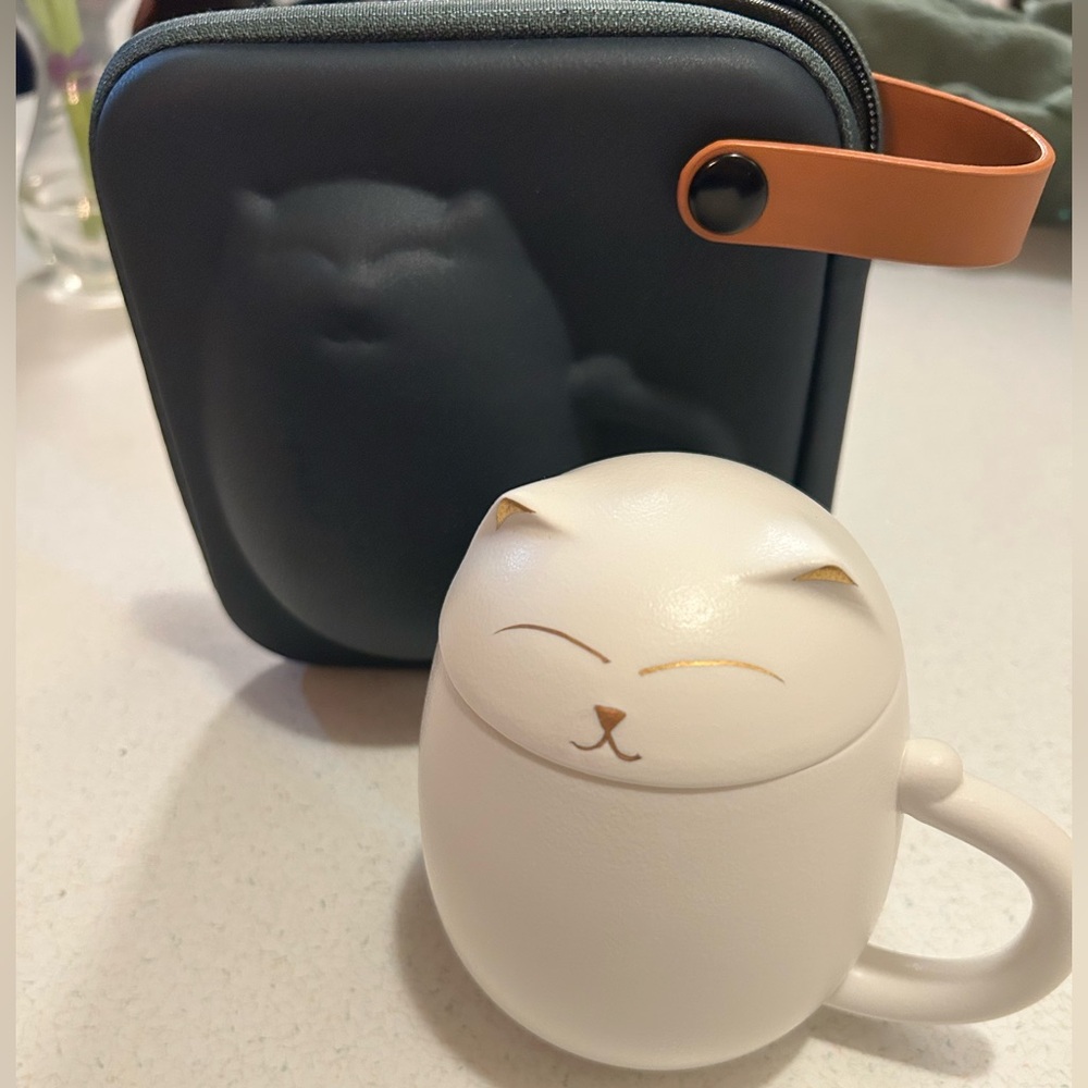 Ceramic Cat tea Mug with Lid - White and gold accent WITH case!
